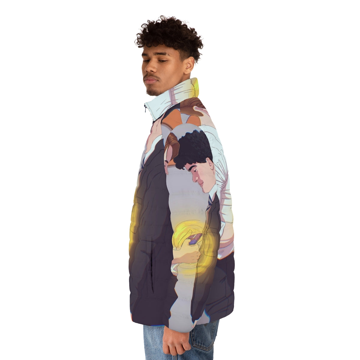 Heartstopper Charlie and Nick themed puffer jacket with LGBTQ+ pride design - men side left