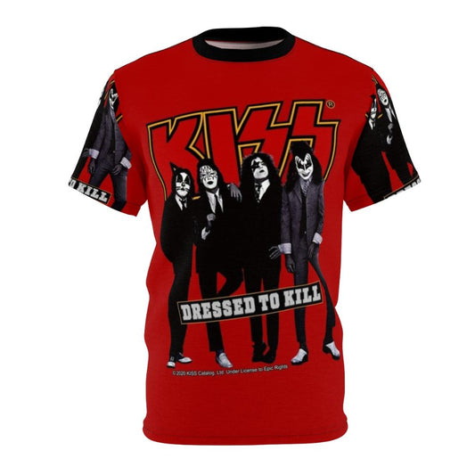 Red and black all over pattern t-shirt featuring a tribute design to the classic rock band KISS