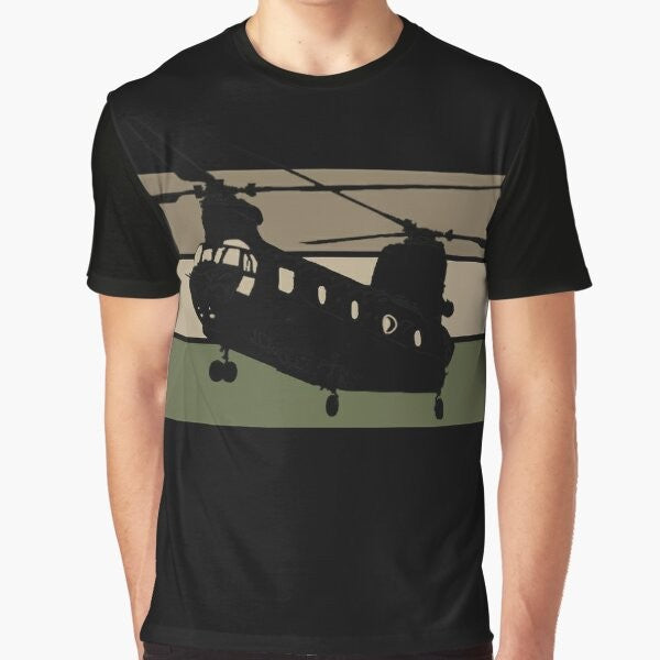 A black t-shirt featuring a graphic design of the Chinook CH-47 military helicopter