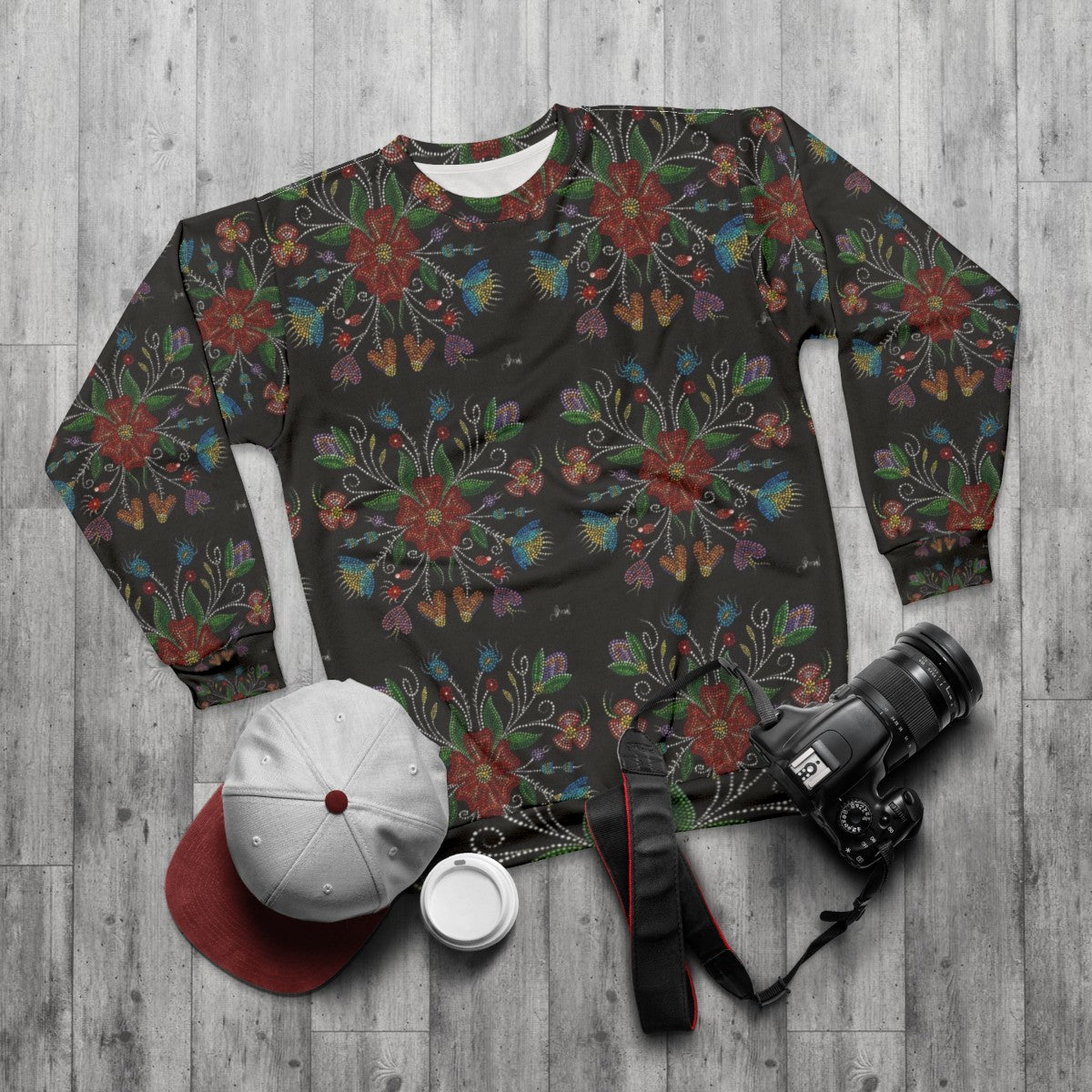 Happiness Sweatshirt with Growth of Indigenous Art from Saskatchewan, Canada - flat lay