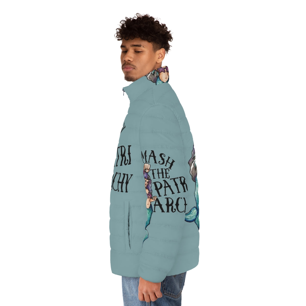 Smash the Patriarchy feminist puffer jacket with mermaid and animal designs - men side left