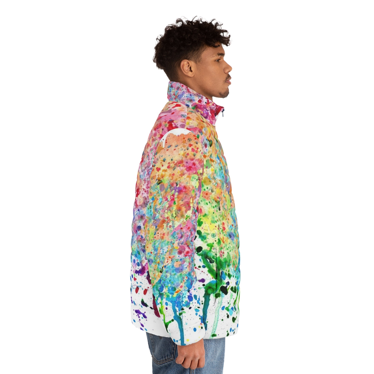 Colorful rainbow paint splatter puffer jacket - men side right