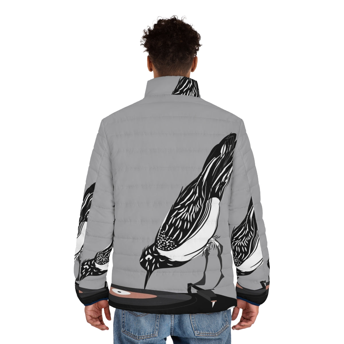 Vintage Dj Magpie Puffer Jacket featuring a cute magpie bird design with music and vinyl disc elements - men back