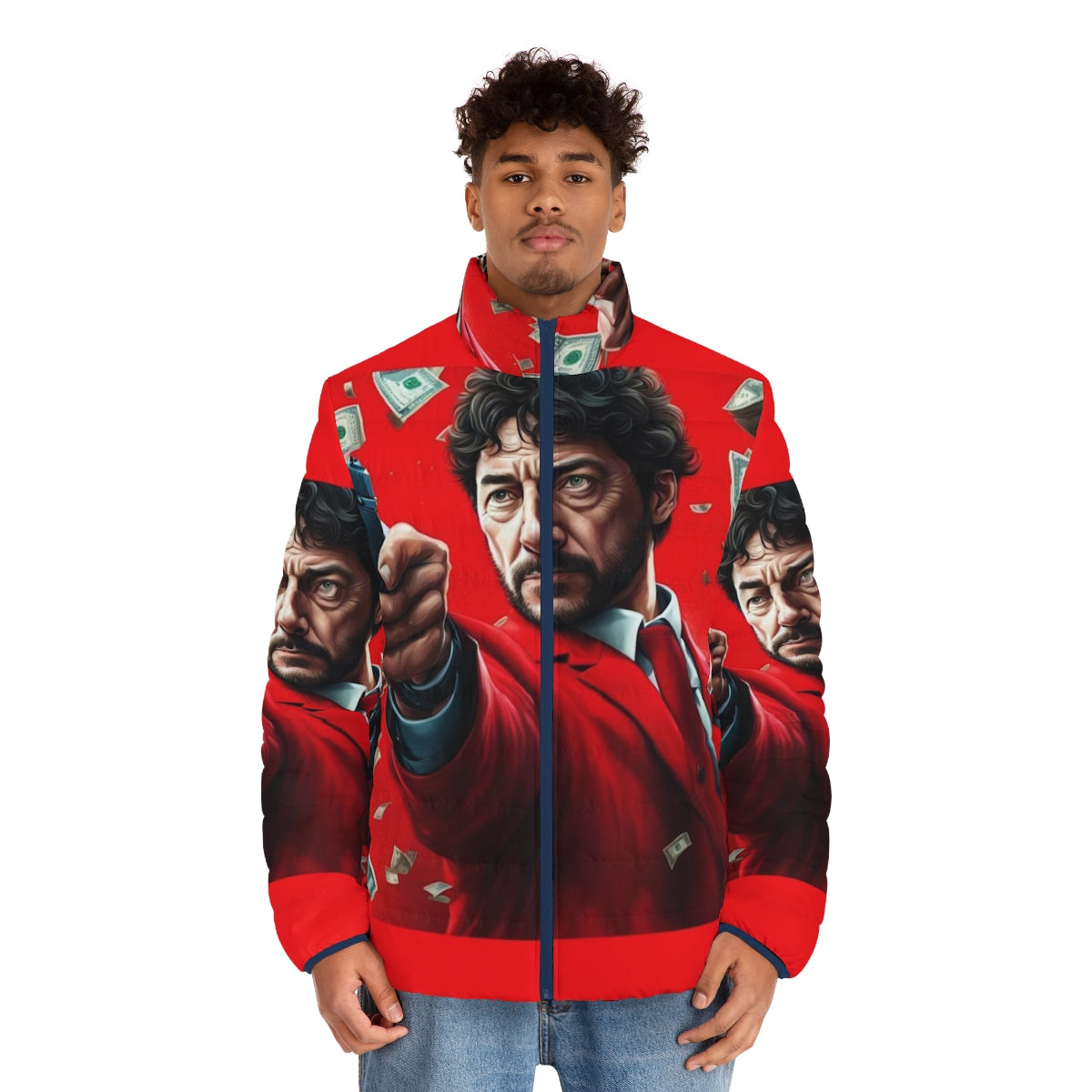 Money Heist Red Suit Puffer Jacket, featuring the iconic red suit from the popular TV series - men front