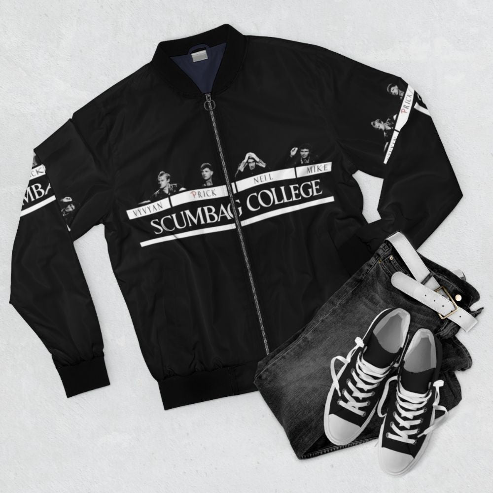 Young Ones Scumbag College 80s Punk Bomber Jacket - Flat lay