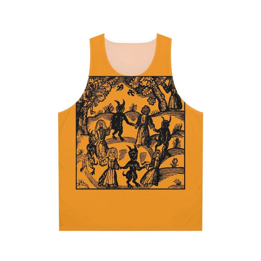 A unisex tank top with a gothic, occult-inspired skeleton dancing design