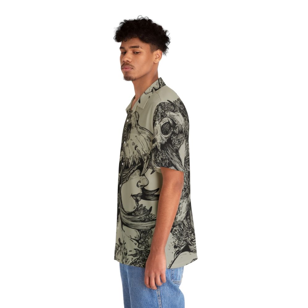 Tropical floral Hawaiian shirt with ink skull wolf antlers design - People Left