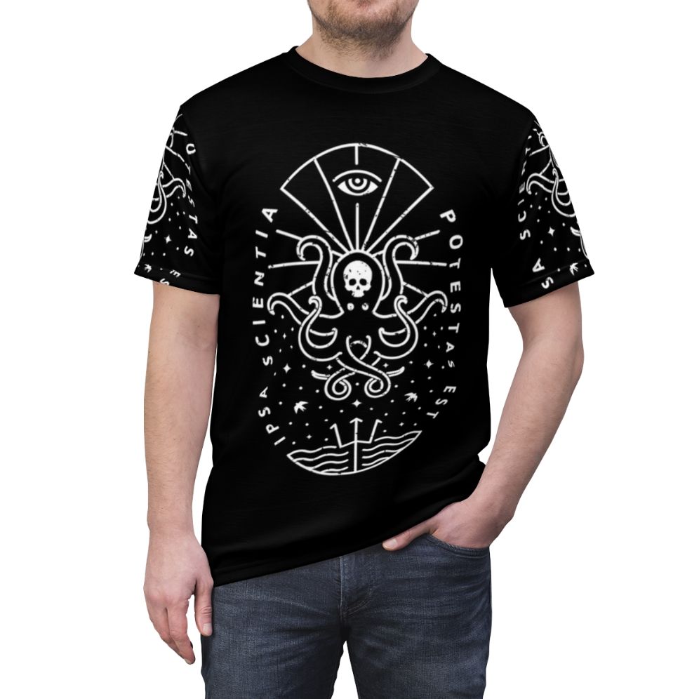 Stylish all-over print t-shirt featuring a striking skull design with a knowledge-themed graphic - men front