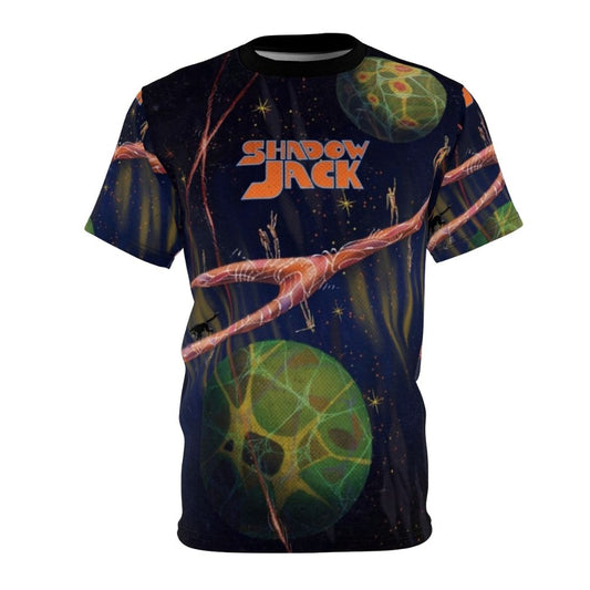 Psychedelic retro sci-fi inspired Shadowjack t-shirt featuring planets, stars, and space elements