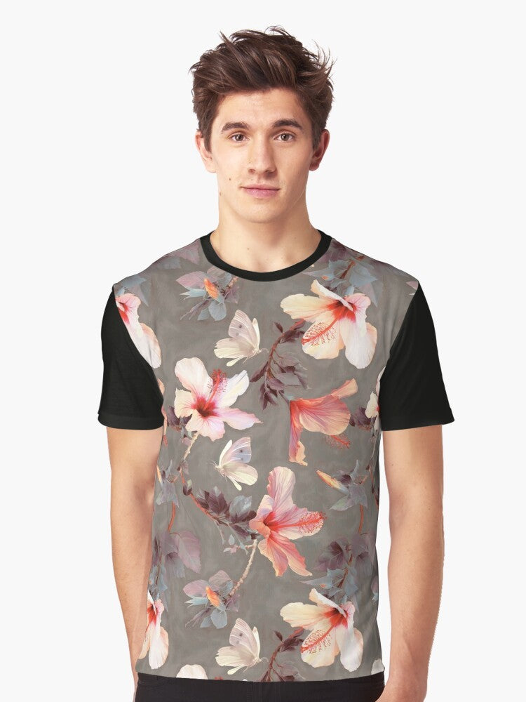 Coral hibiscus graphic t-shirt with tropical floral pattern - Men