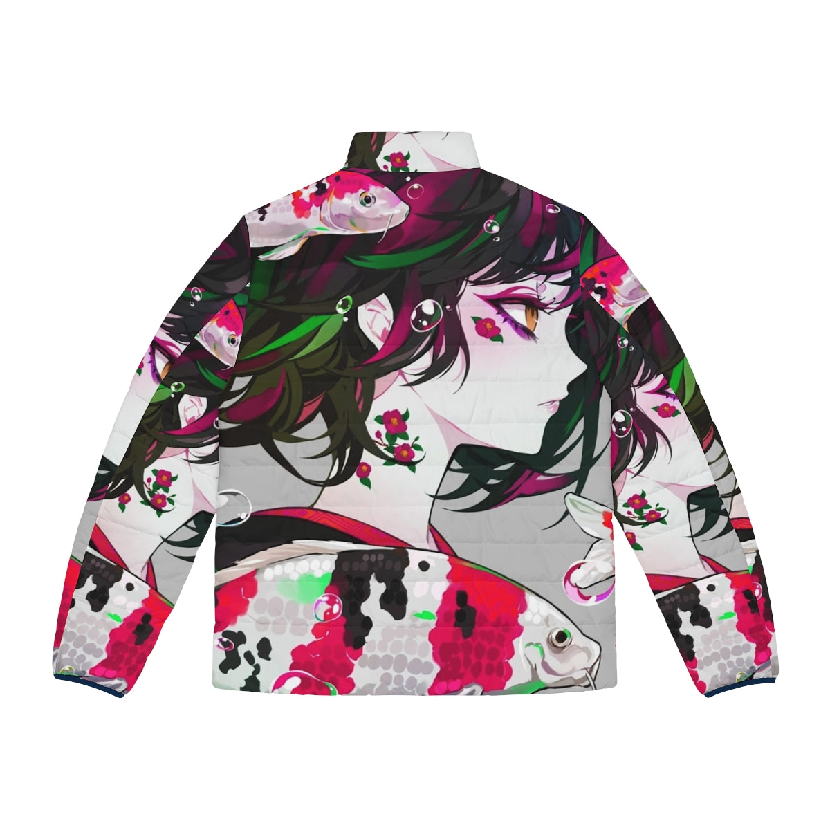 Vivid and colorful puffer jacket with a koi fish design, perfect for anime and Japanese fashion enthusiasts. - Back