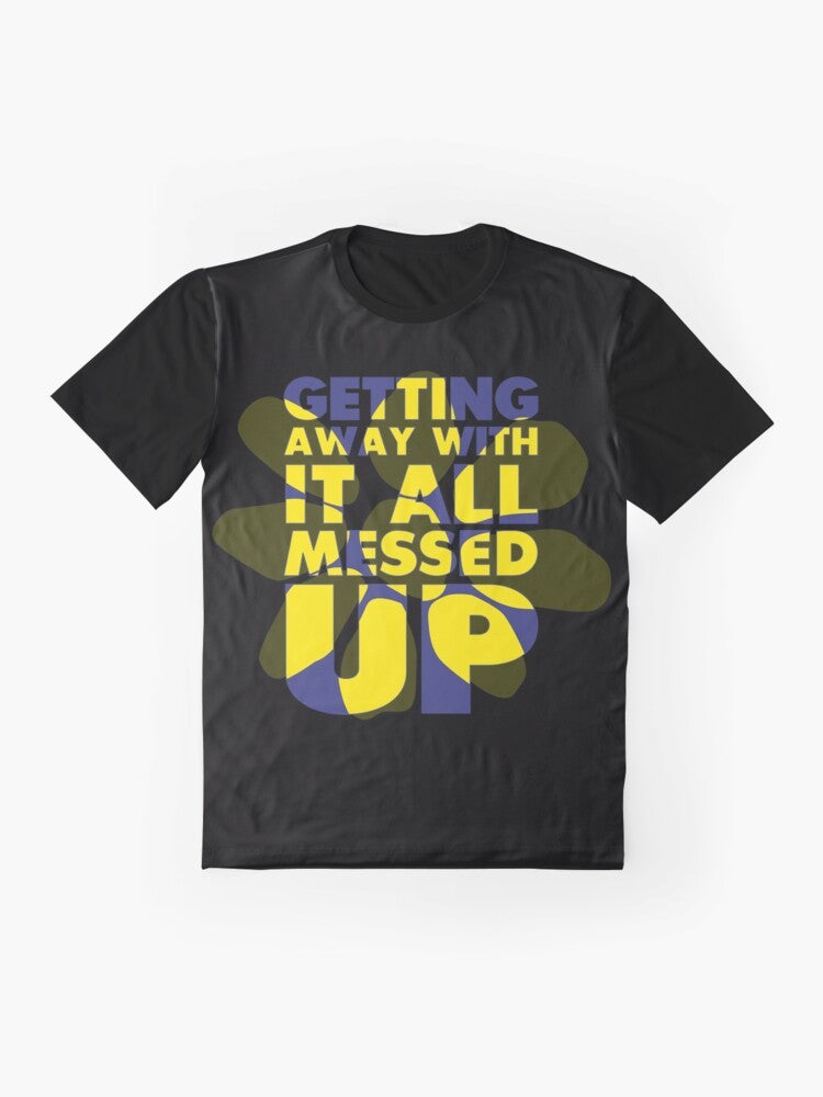 "Getting Away With It" graphic t-shirt featuring the James band logo in blue and yellow colors - Flat lay