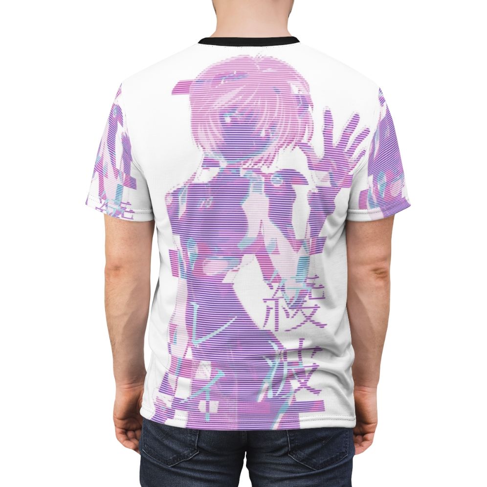 Vaporwave-inspired all-over-print t-shirt with Rei Ayanami glitch art design - men back