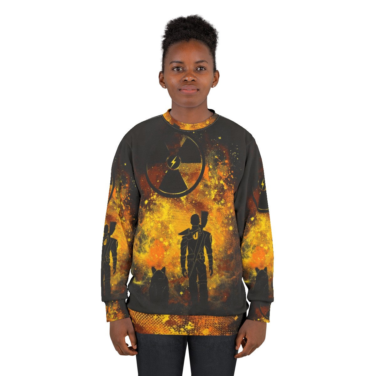 Fallout-themed sweatshirt with post-apocalyptic wasteland artwork - women