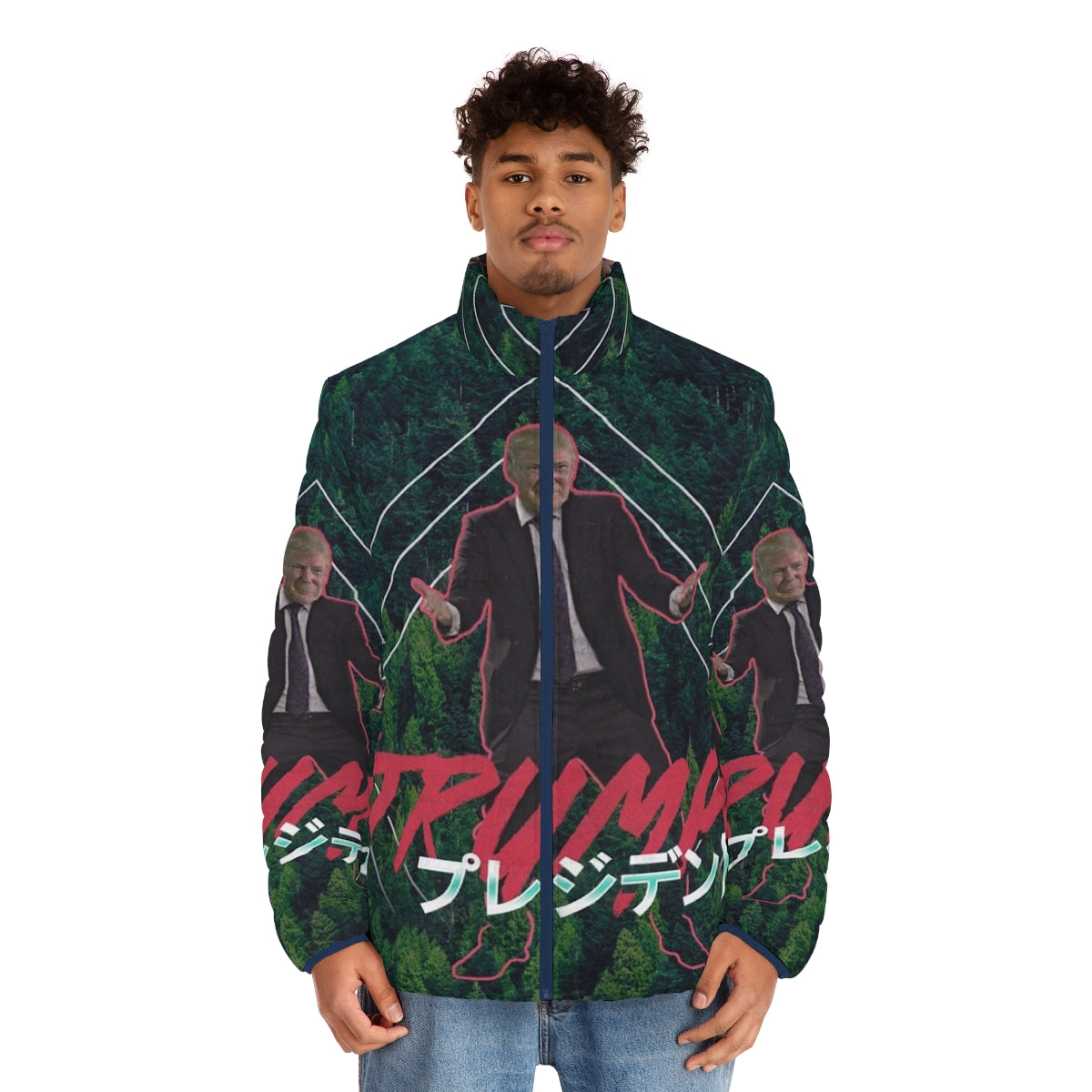 Vaporwave Trump Puffer Jacket with Retro 80s Aesthetic - men front