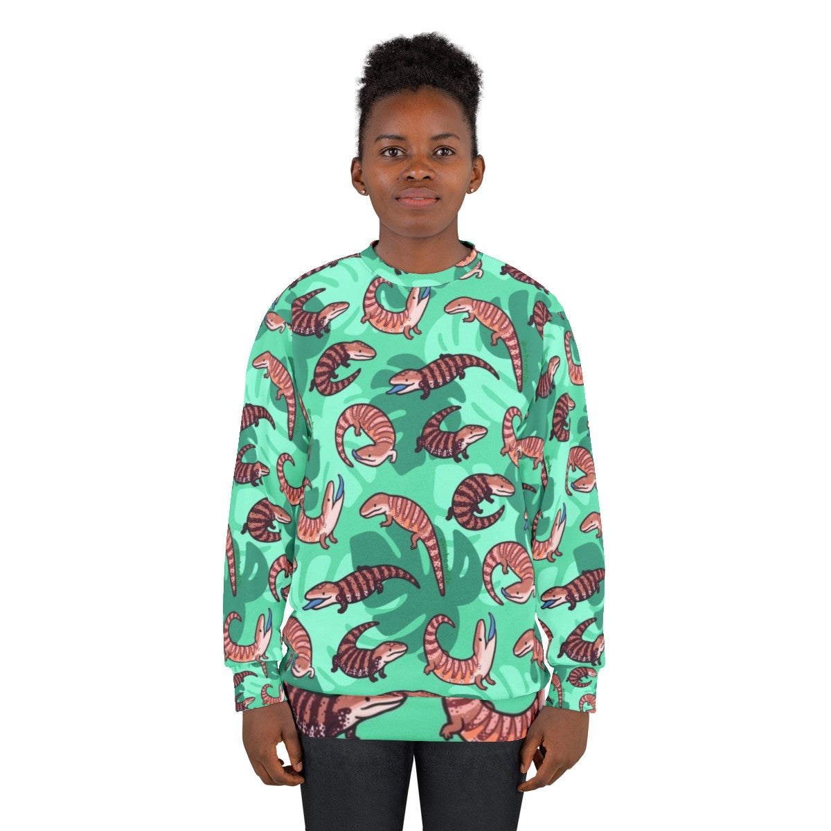 Vibrant blue tongue skink illustration on a cozy sweatshirt - women