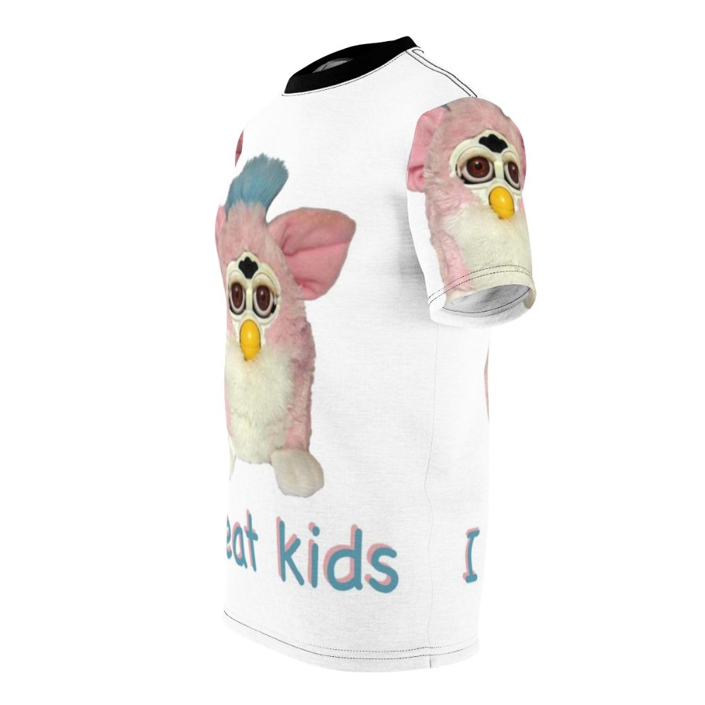 Graphical t-shirt design featuring a cursed Furby character with the text "I Eat Kids" - men left