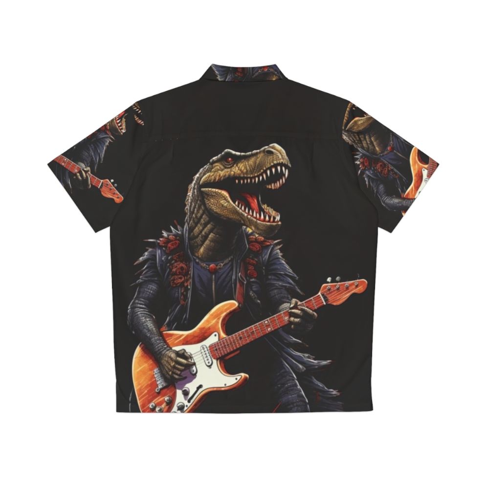 Dinosaur playing guitar graphic on a colorful Hawaiian-style shirt - Back