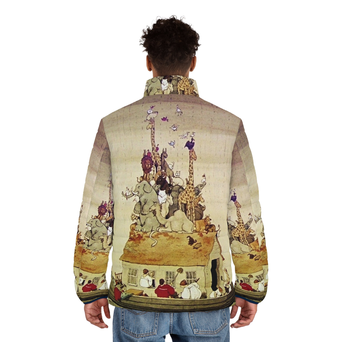 Puffer jacket with a whimsical illustration of Noah's Ark and animals by W. Heath Robinson - men back