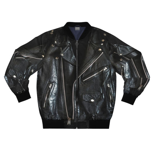 Black Leather Bomber Jacket with Zipper and Pockets