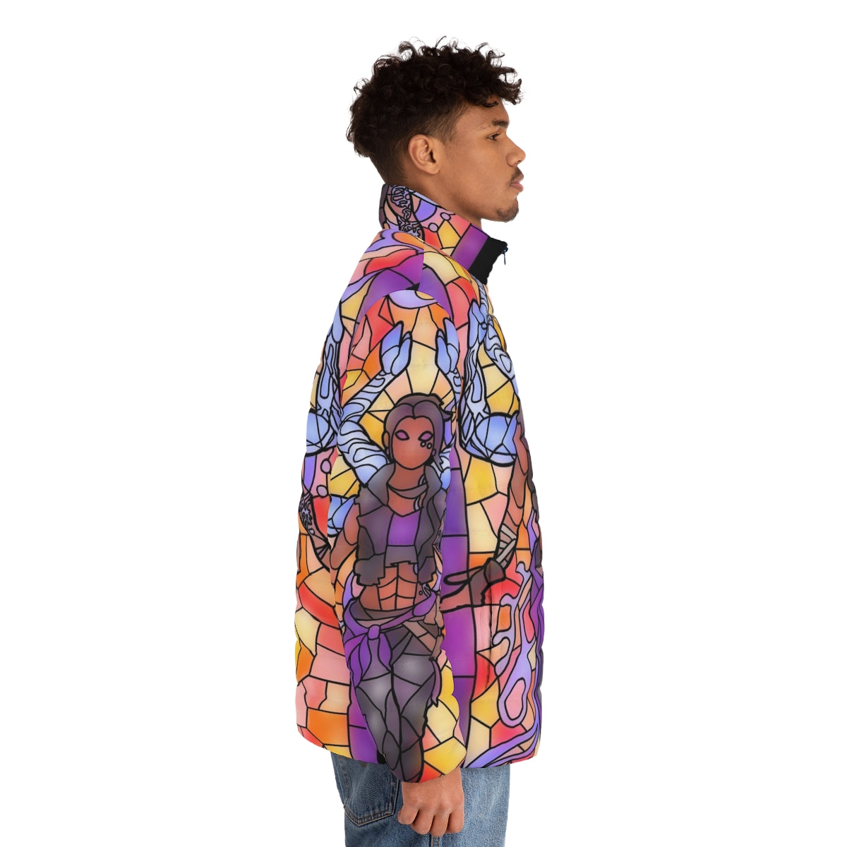 Amara from Borderlands wearing a stylish puffer jacket with a stained glass design - men side right