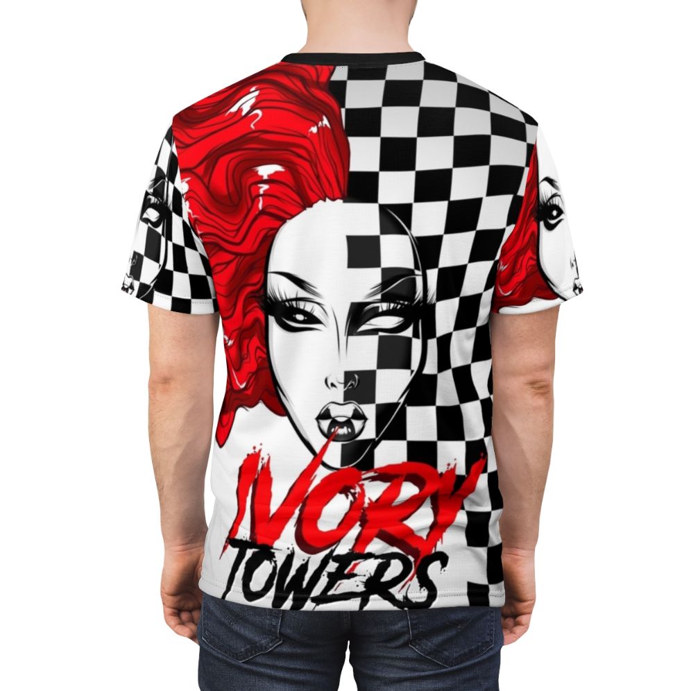 A person wearing a t-shirt with a vibrant checkerboard design and a drag queen graphic. - men back