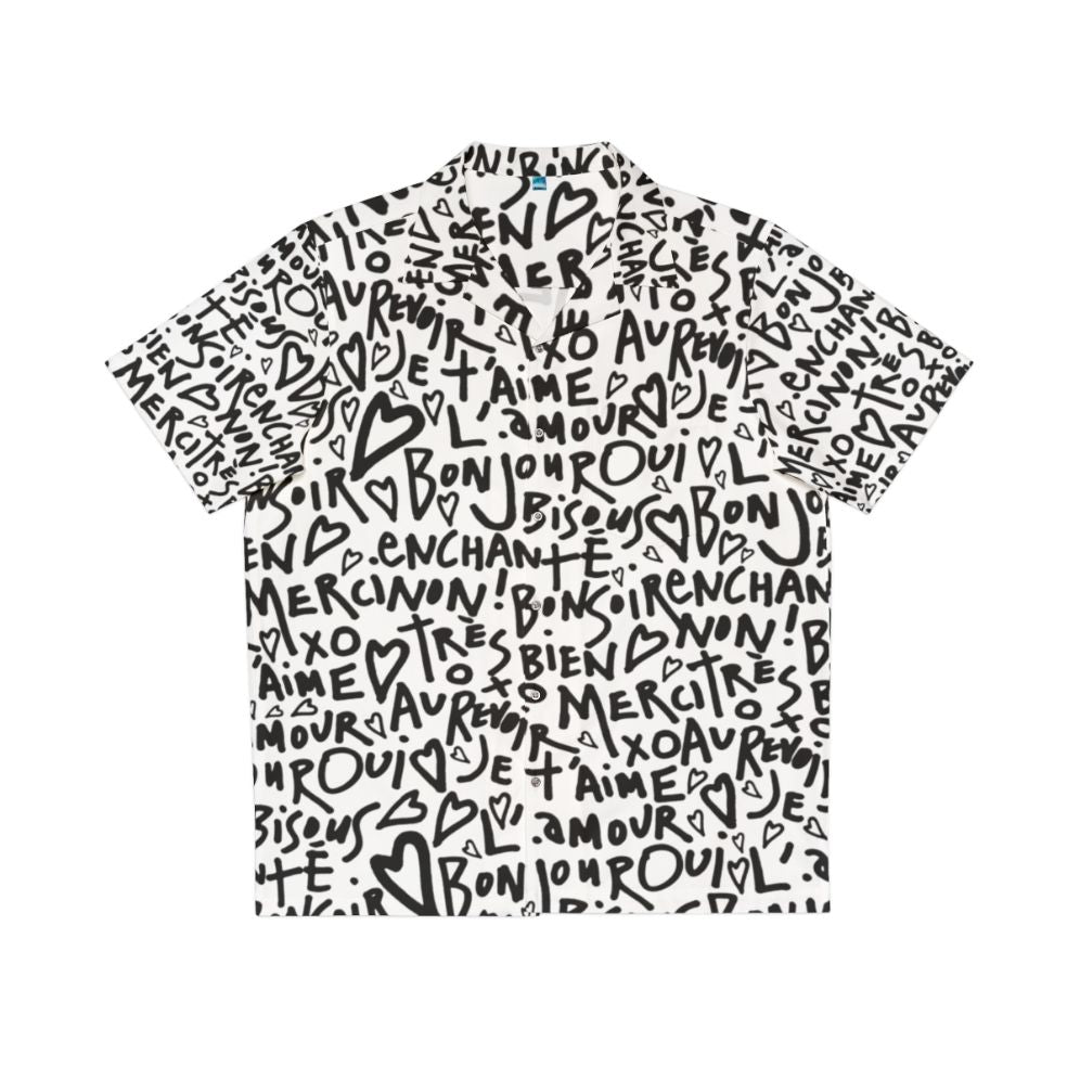 French-inspired Hawaiian shirt with "I Love You" phrase in white text on black and white background