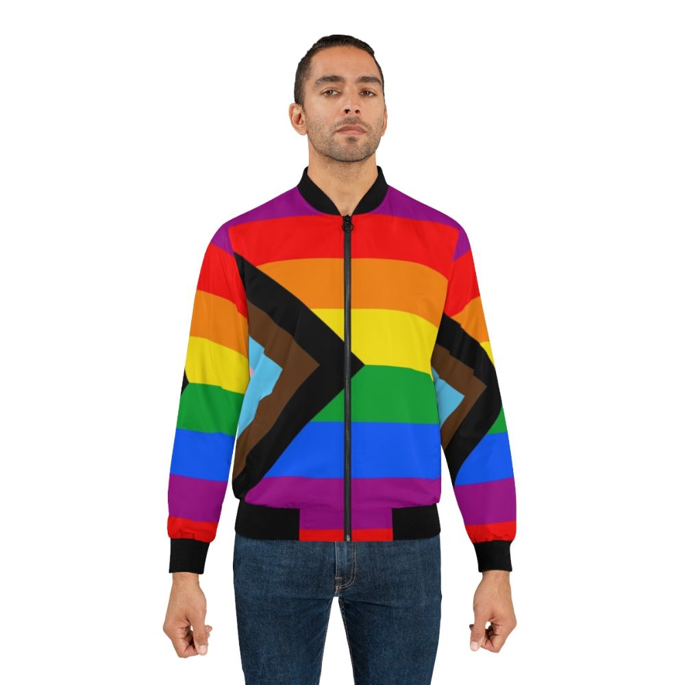 LGBTQ+ Progress Pride Flag Bomber Jacket - Celebrate Pride with this stylish and inclusive bomber jacket featuring the Progress Pride Flag design. - Lifestyle