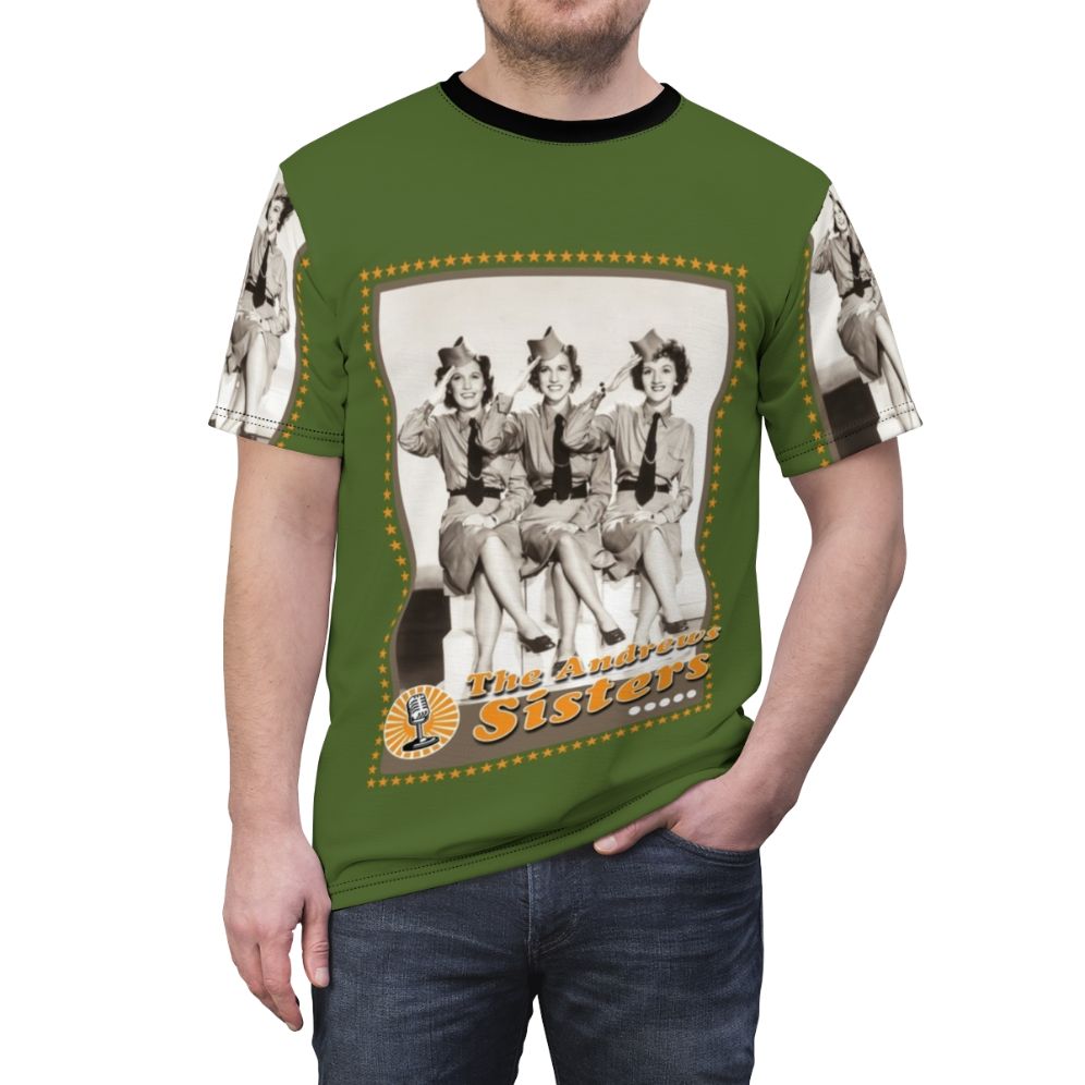 Vintage-style t-shirt featuring a tribute design to the iconic American singing trio, The Andrews Sisters. - men front