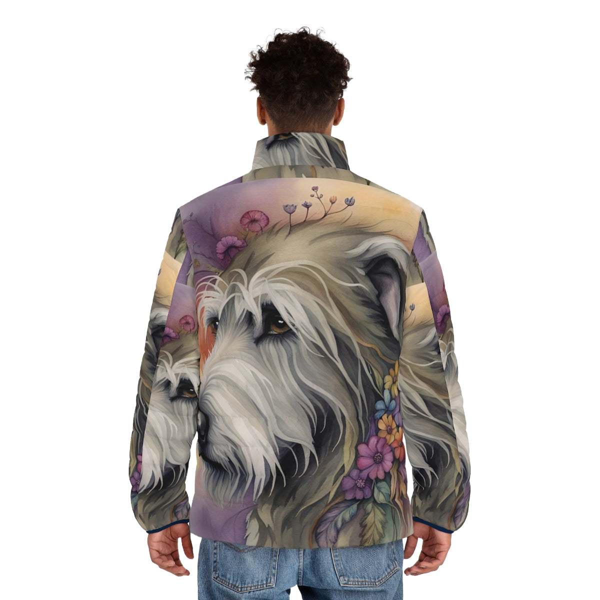 Watercolor-inspired puffer jacket featuring a cute Irish Wolfhound design - men back