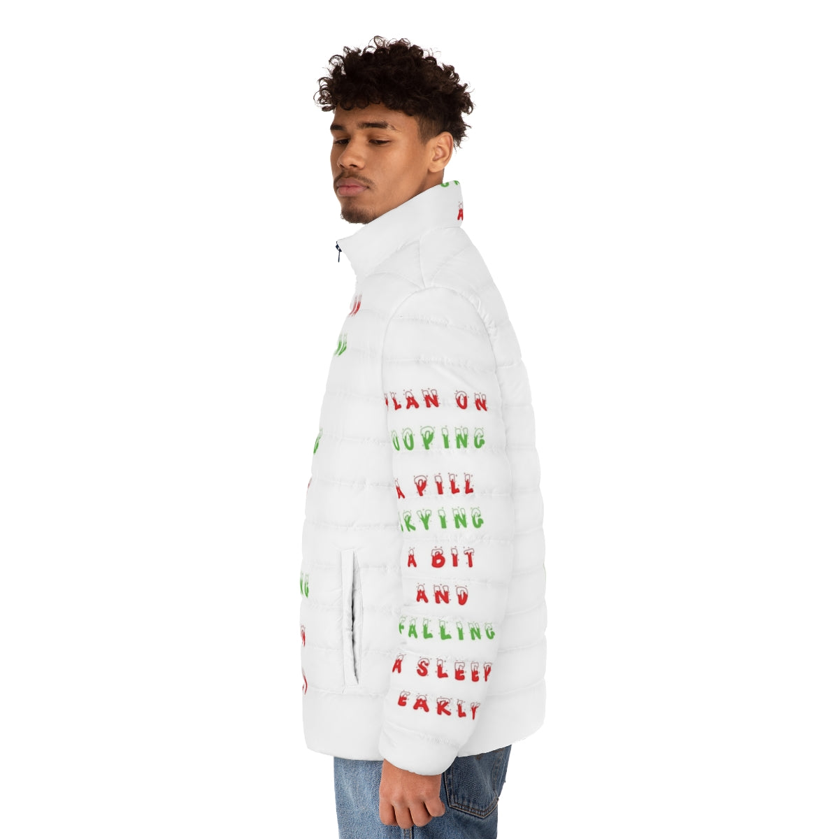 Schitt's Creek Christmas Quote Puffer Jacket featuring David Rose's iconic style - men side left