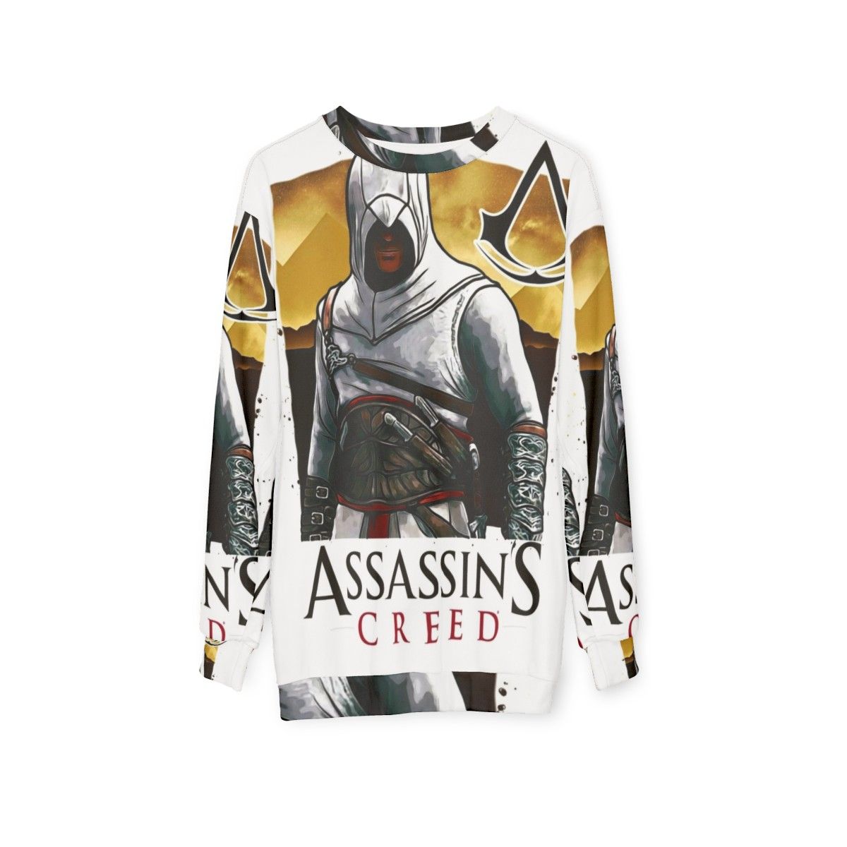 Assassin's Creed Sweatshirt featuring iconic game elements - hanging