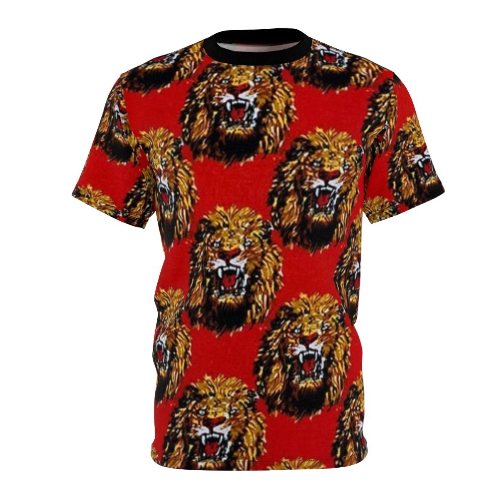 A red t-shirt with a striking graphic design featuring the Isi Agu (Lion Head) symbol, a legendary animal in Igbo culture.