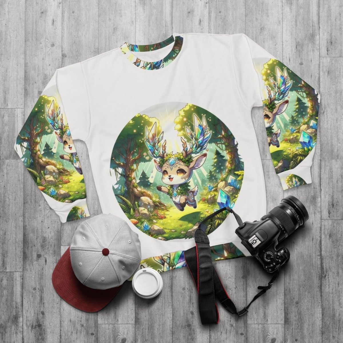 Deer sweatshirt with fantasy crystal forest design - flat lay