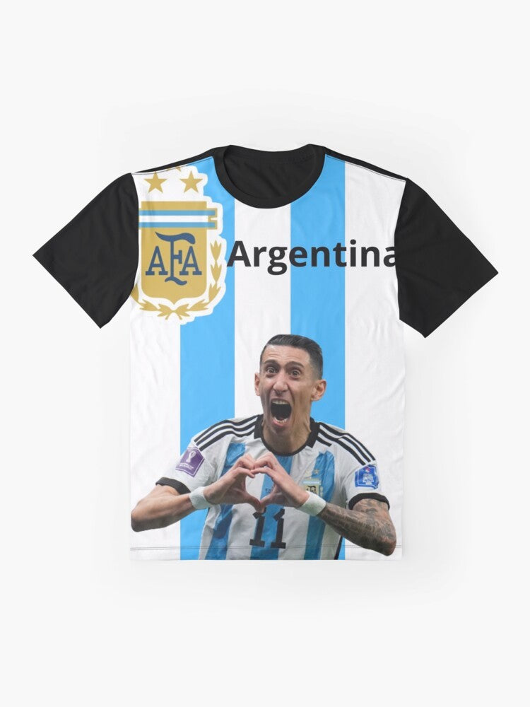 Di Maria Argentina T-Shirt with Player Celebrating Goal in 2022 World Cup - Flat lay