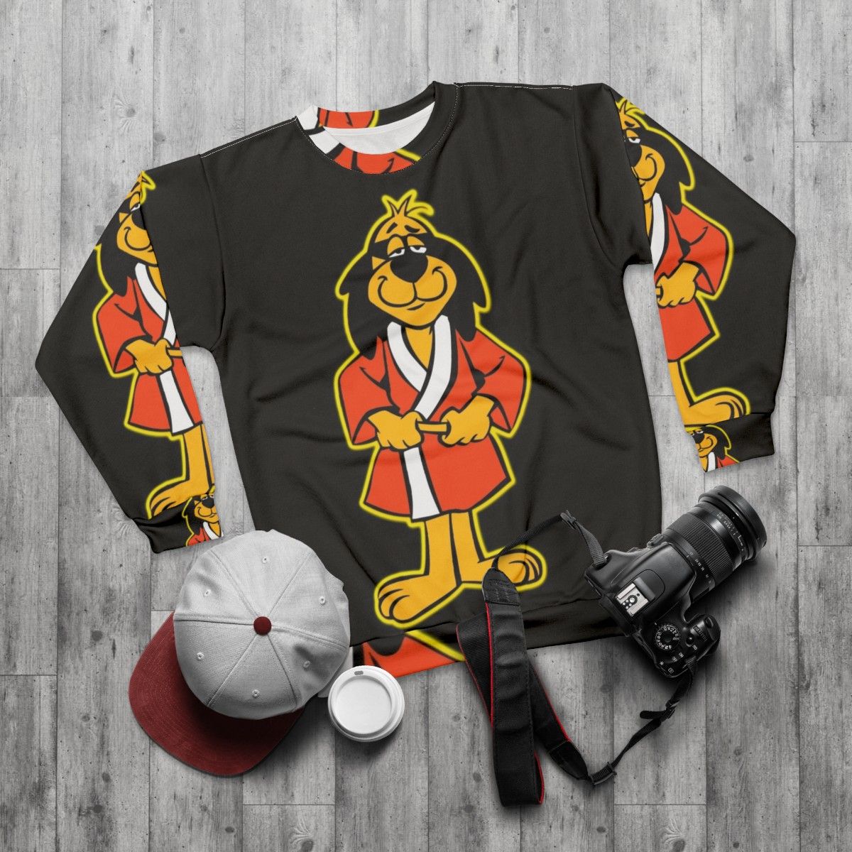 Hong Kong Phooey Cartoon Character Standing on Black Sweatshirt - flat lay