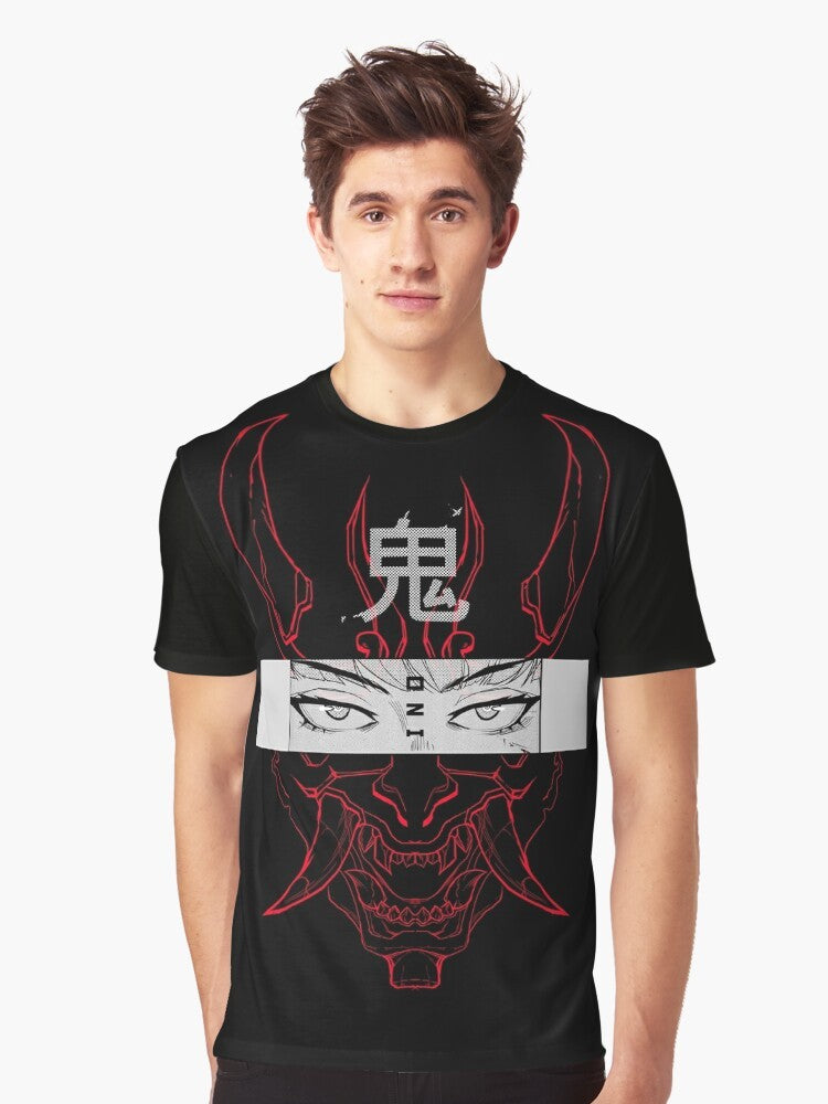 Minimalist red oni Japanese folklore graphic t-shirt with halftone eyes and futuristic cyberpunk design. - Men