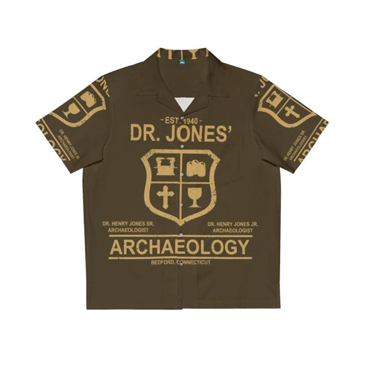 Archaeology-themed Hawaiian shirt with Indiana Jones-style design