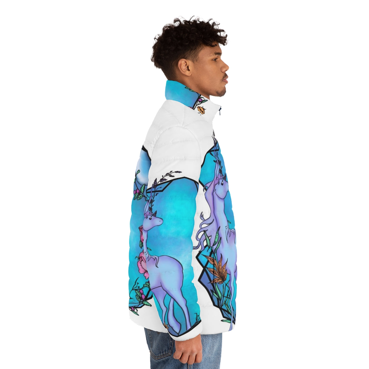 Whimsical watercolor unicorn design on a cozy puffer jacket - men side right