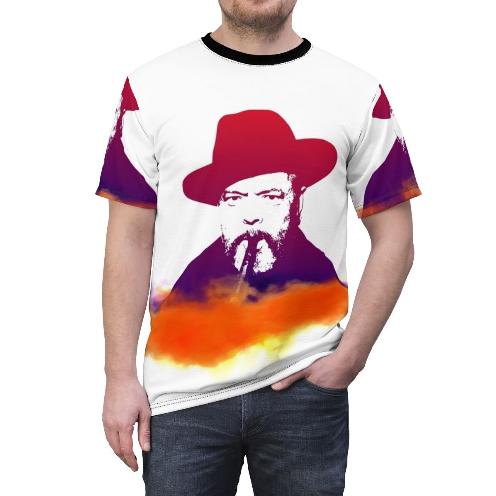 Orson Welles, a legendary film director and actor, featured on a high-quality t-shirt for cinephiles and movie fans. - men front