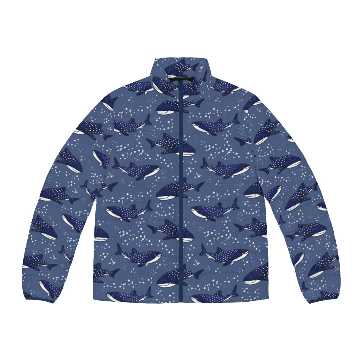 Starry whale shark print dark blue puffer jacket