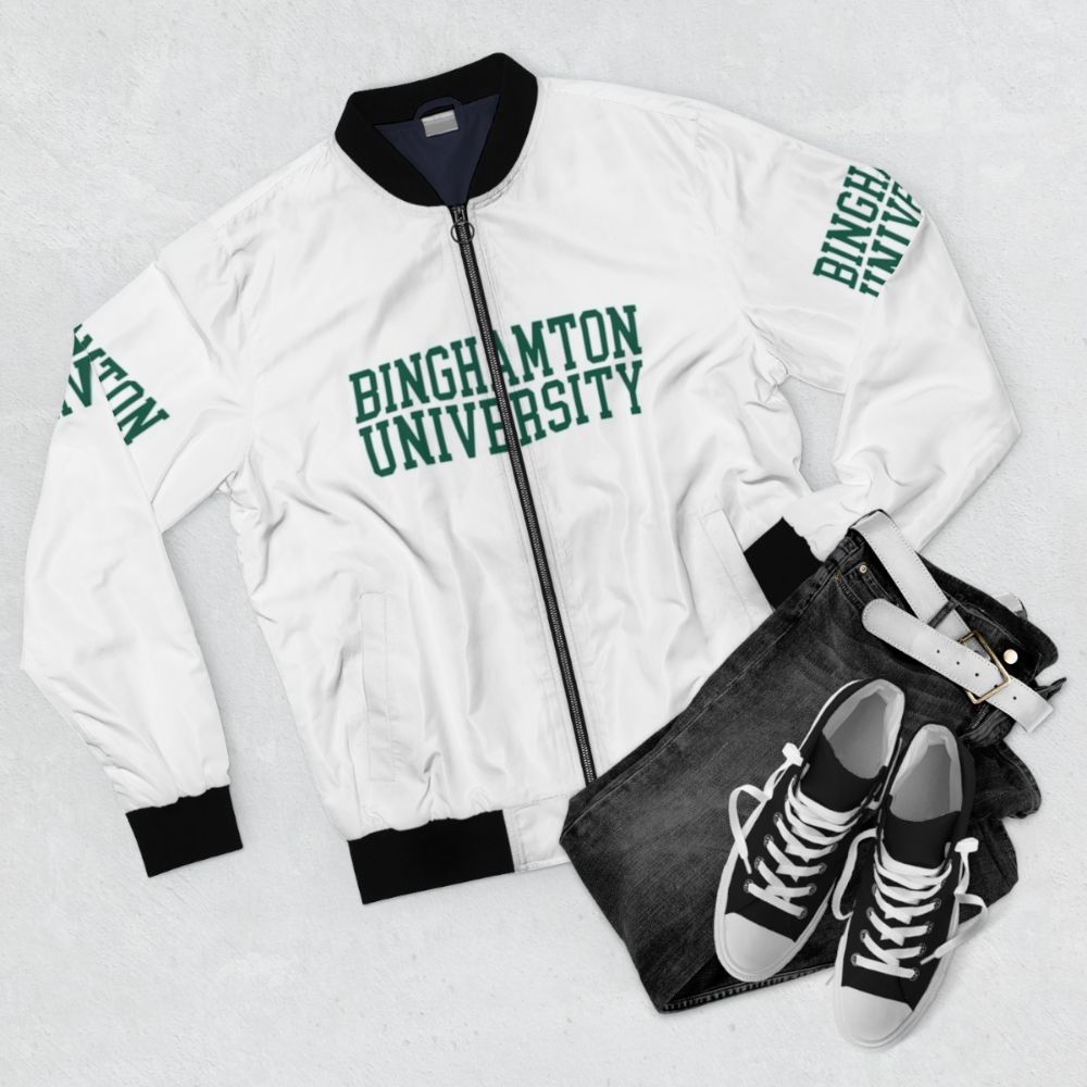 Binghamton University Varsity Bomber Jacket - Flat lay