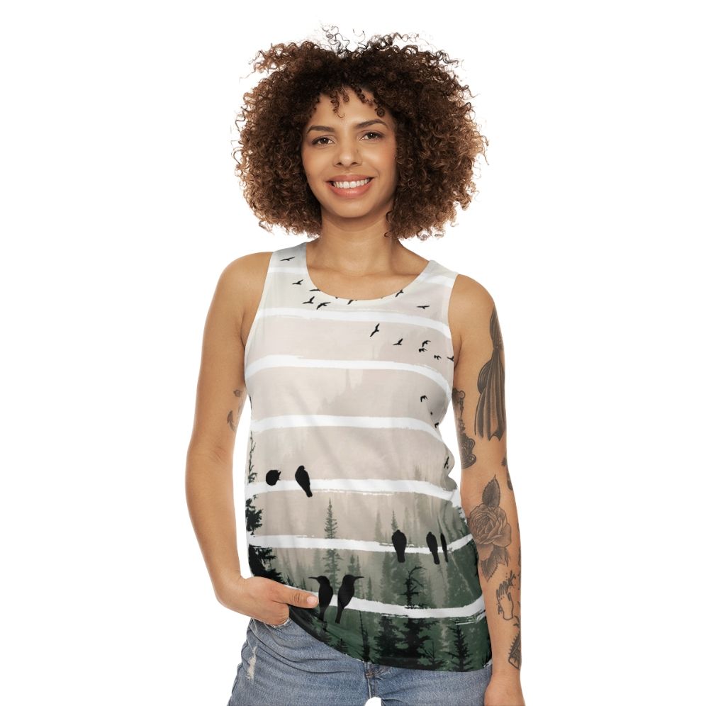 Unisex tank top with birds watching birds at sunset - women