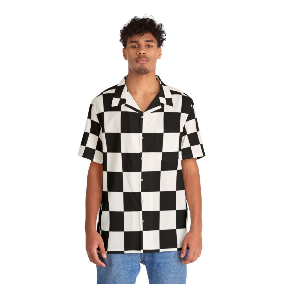 Checkerboard 10x10 Hawaiian Shirt with Geometric Black and White Pattern - People Front