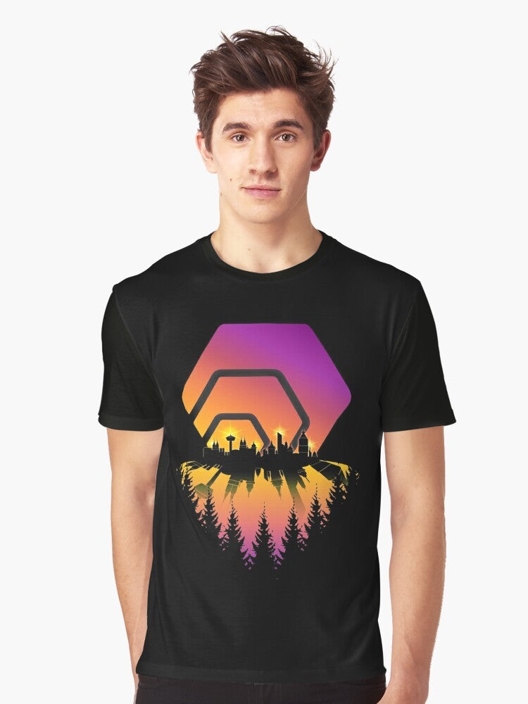 HEX Cryptocurrency Blockchain Graphic T-Shirt featuring a shining city skyline design - Men