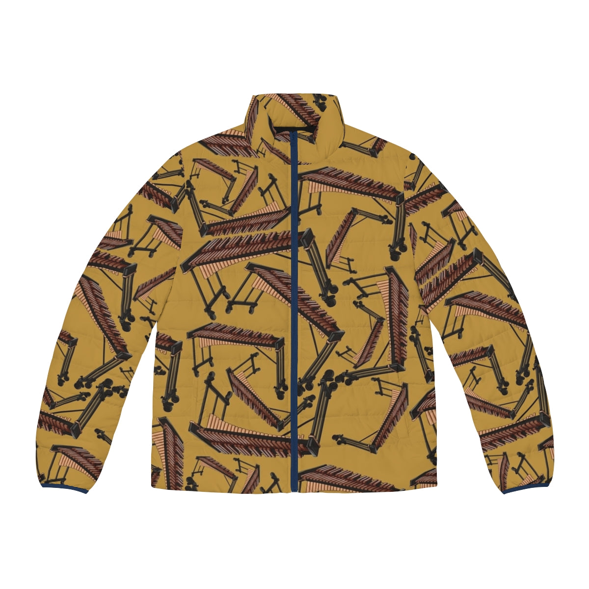 A yellow puffer jacket with a xylophone musical instrument pattern, perfect for musicians and percussionists.