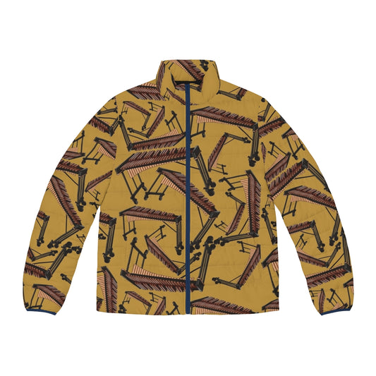 A yellow puffer jacket with a xylophone musical instrument pattern, perfect for musicians and percussionists.