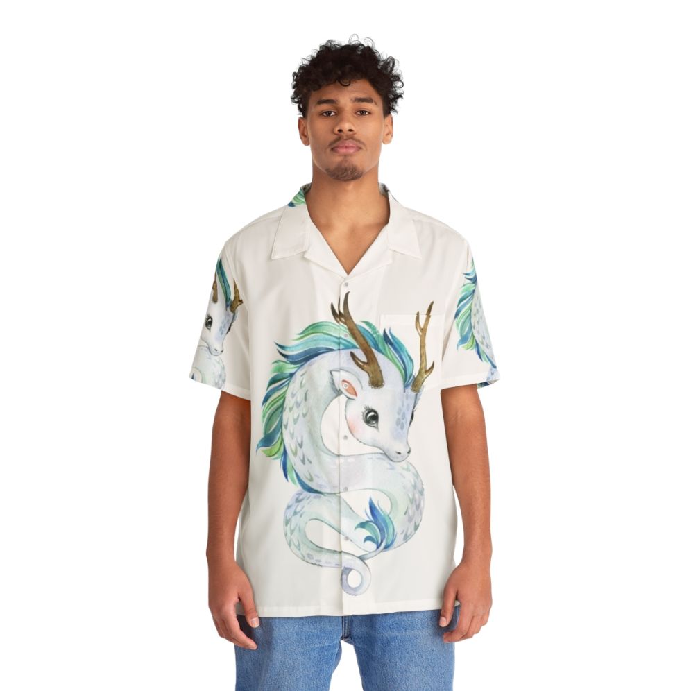 Mythical dragon printed on a colorful hawaiian shirt - People Front