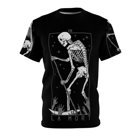 Mysterious occult t-shirt design featuring tarot cards, skull, and gothic imagery