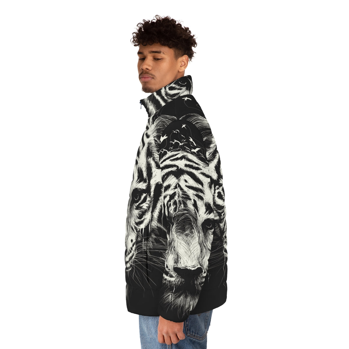 Interconnected puffer jacket with photorealistic wildlife and nature graphics - men side left